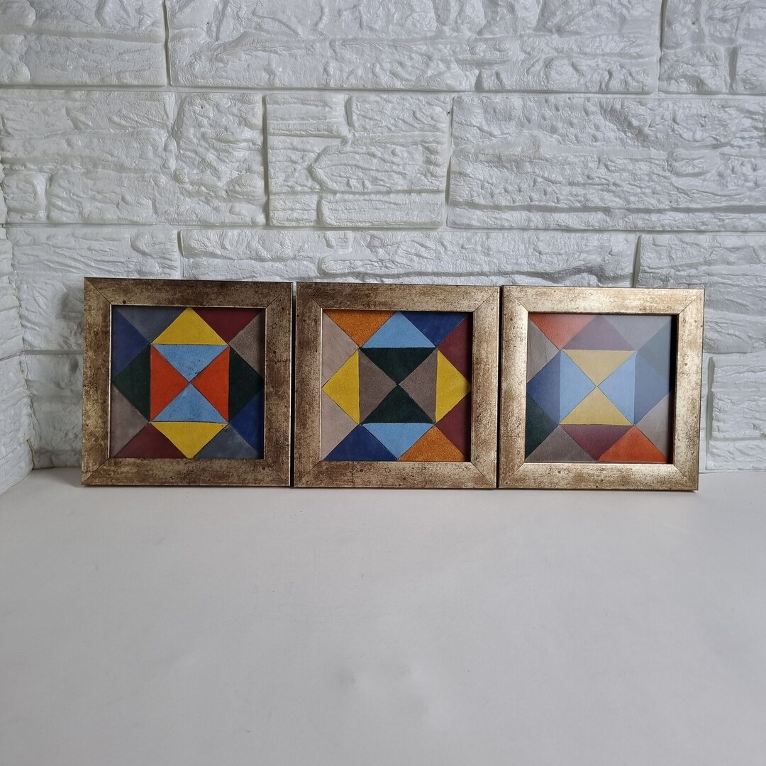 Handmade Leather Wall Hanging 3 Pieces Frame, Natural Leather Wall