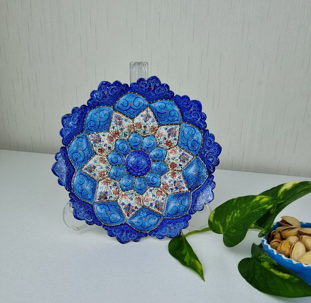 Minakari Copper Plate, Decorative Plate, Metal Catering Blue Tray