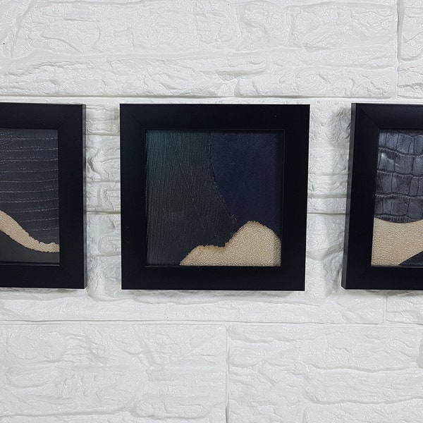 Handmade Leather Framed Wall Decor3 Pieces Set, Black Wall Hanging Decor, Leather Wall Art, Leather Collage Tableau, Friends Birthday Gift