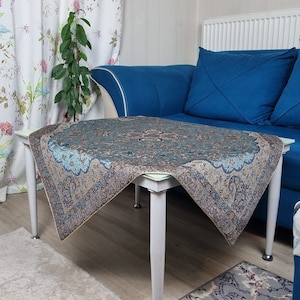 Termeh Tablecloth 100x100 cm, Persian Handmade Tablecloth, Paisley Design, Embroidery Tapestry, Handwoven Silk Wool Fabric, Blue Tablecloth