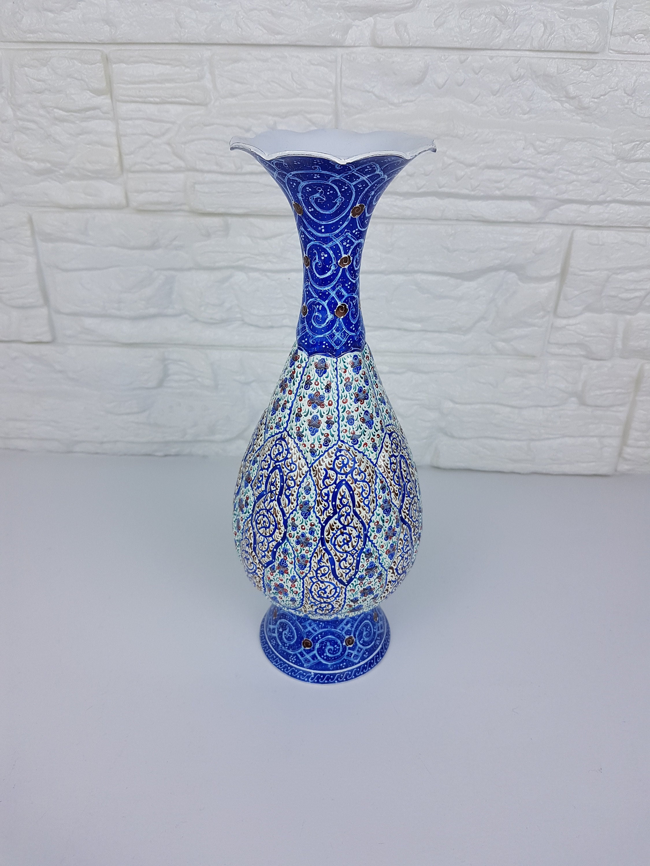 Minakari Tall Vase Copper Blue Vase Persian Art Handmade Etsy