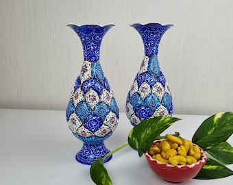 Minakari 2Vases Set, Handmade Copper Vase, Metal Blue Vase, Decorative Vase, Bright Home Decor Vase, Housewarming Gift, Outdoor Patio Decor