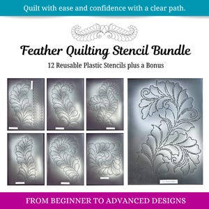 May include: A Feather Quilting Stencil Bundle with 12 reusable plastic stencils. The stencils feature feather designs and the text "FROM BEGINNER TO ADVANCED DESIGNS". The stencils are on a gray background.