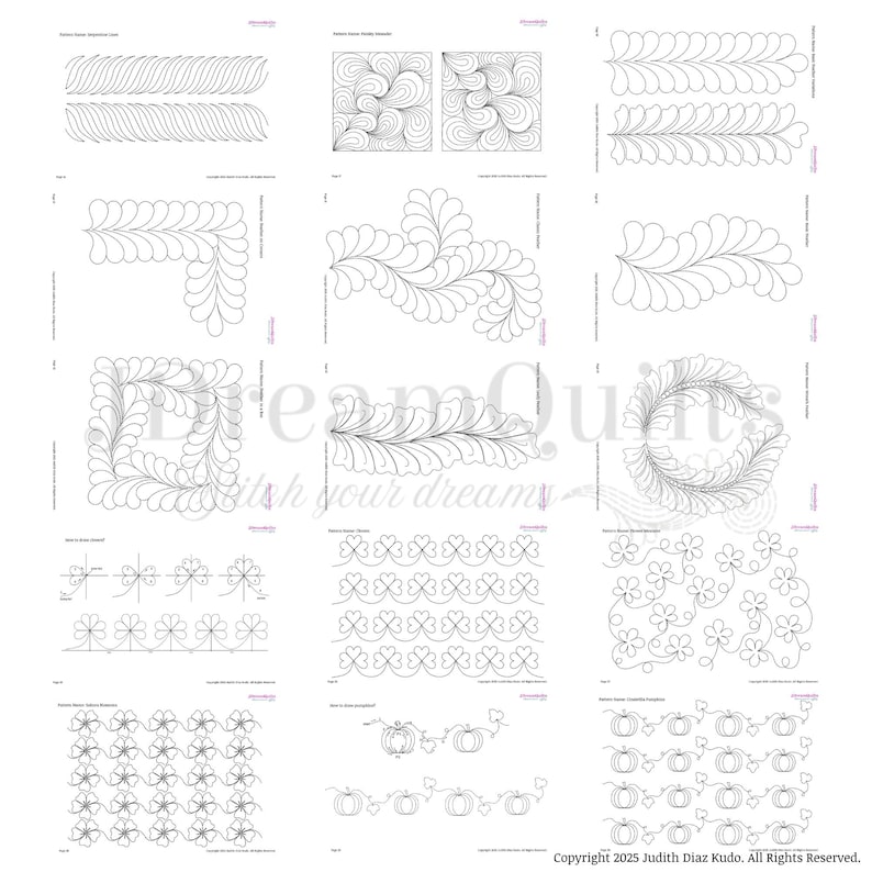 May include: A collection of black and white quilting patterns, including feather designs, corner patterns, and floral motifs. The image also features pumpkin and clover designs. The text "Dream Quilts" is visible.