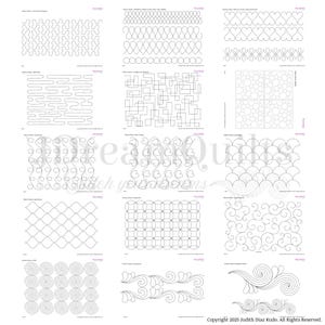 May include: A collection of quilting patterns in black and white, featuring various designs such as loops, hearts, squares, and swirls. The patterns are displayed on a white background, suitable for quilting projects.