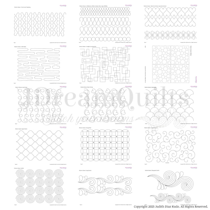 May include: A collection of quilting patterns in black and white, featuring various designs such as loops, hearts, squares, and swirls. The patterns are displayed on a white background, suitable for quilting projects.