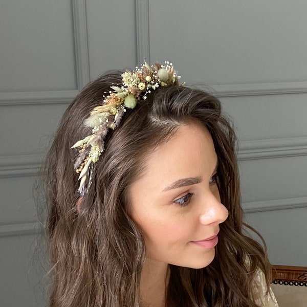 Boho flower crown, Flower headband, Olive color flower, Bridesmaid accessories, Rustic flower headband, Sage green wedding, Flower girl