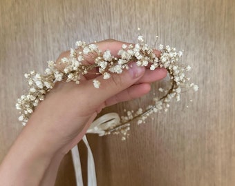 Gypsophila floral crown, Baby&#39;s breath flower crown, Beige baby girl headpiece, Newborn floral halo, Child toddler gypsophila hair wreath