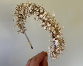 Gypsophila Floral Crown, White Halo For Bride, Ivory Baby Breath Crown, Dried Flower Headpiece, Boho Bridal Halo With Preserved Gypsophila