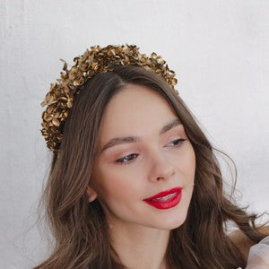 Gold flower crown, Hydrangea headband,Boho bridesmaid headband, Bridal flower crown, Gold gypsophila, Flower girl crown, Gold wedding