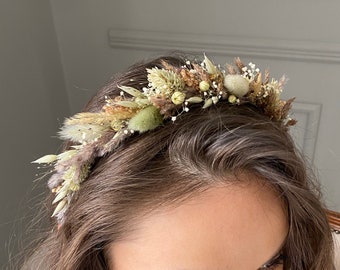 Dried flower crown, Flower headband, Olive color flower, Bridesmaid accessories, Rustic flower headband, Sage green wedding, Flower girl