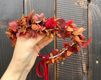 Bridal hair wreath in terracotta burgundy colors, Autumn wedding accessories for groom and bride, Dried flower crown, Red wine rust flower
