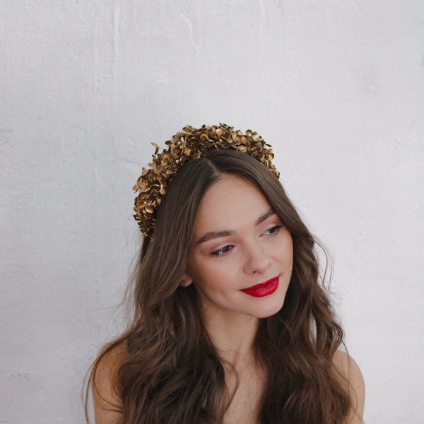 Flower crown, Hydrangea headband, Bridal flower crown, Boho bridesmaid headband, Gold gypsophila, Flower girl crown, Golden wedding