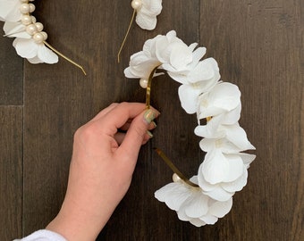 Weiße Blumenkrone, Braut Haarband, Hortensie Blume, Blumenmädchen, Braut Blumenkrone, weißes Haarband, Boho Blumenkrone, Brautjungfer Krone
