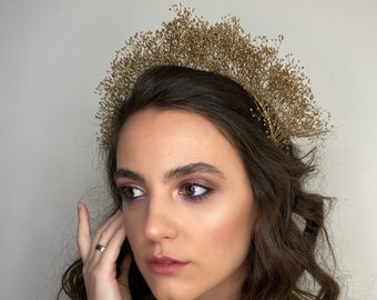 Bridal gold crown, Dried flower crown, Lush monochrome halo, Dried gypsophila crown, Gold headband, Baby breath headband, Boho wedding