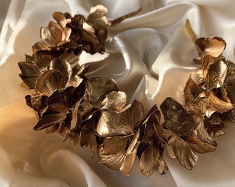 Gold bridal crown, Golden headband, Bridal headband, Gold halo, Hydrangea headband, Bridal flower crown, Bridesmaid headband, Flower girl