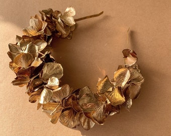 Couronne de fleurs, bandeau doré, halo doré, bandeau d'hortensia, couronne de fleurs de mariée, bandeau de demoiselle d'honneur bohème, couronne de demoiselle d'honneur