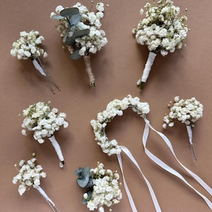 Baby breath wedding accessories, Gypsophila boutonniere, Bridesmaid wrist corsage, Groomsman boutonniere, Flower girl crown, Flower hairpins
