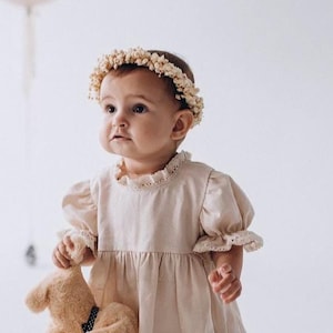 Gypsophila floral crown, Baby&#39;s breath flower crown, Child floral halo, Baby toddler flower wreath, Beige wedding flower girl headpiece