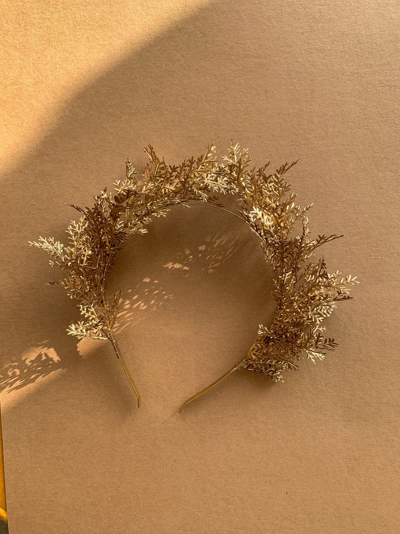 Golden crown, Flower halo, Lush monochrome crown, Artificial leaf crown, Gold headband, Golden headband, Boho wedding, Flower girl halo image 1