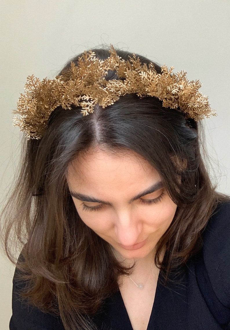 Golden crown, Flower halo, Lush monochrome crown, Artificial leaf crown, Gold headband, Golden headband, Boho wedding, Flower girl halo image 5