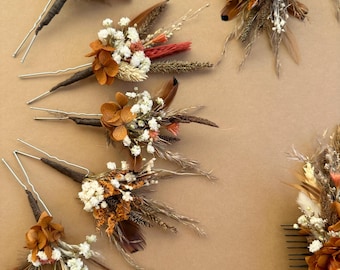 Terracotta Dried Flower Hair Pins, Wedding Accessories, Rustic Hair Comb For Bride