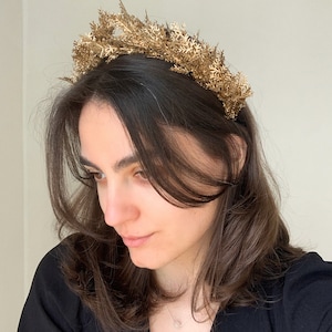 Golden crown, Flower halo, Lush monochrome crown, Artificial leaf crown, Gold headband, Golden headband, Boho wedding, Flower girl halo image 4