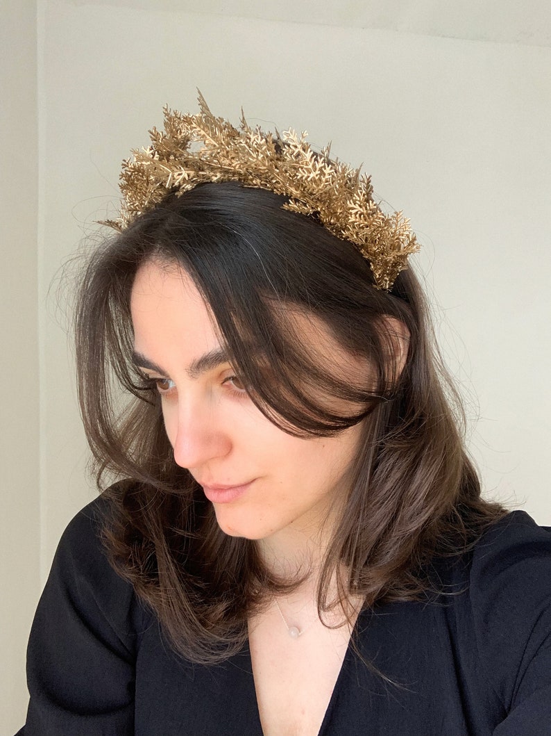 Golden crown, Flower halo, Lush monochrome crown, Artificial leaf crown, Gold headband, Golden headband, Boho wedding, Flower girl halo image 4