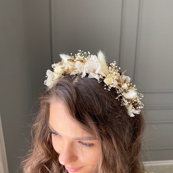 Flower crown, Boho wedding hairpiece, Dried flower crown, White gold bridal hair wreath, Preserved flower headband, Gold wedding flower