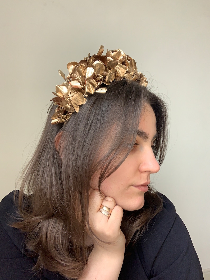 Flower crown, Golden headband, Gold halo, Hydrangea headband, Bridal flower crown, Boho bridesmaid headband, Flower girl crown image 4