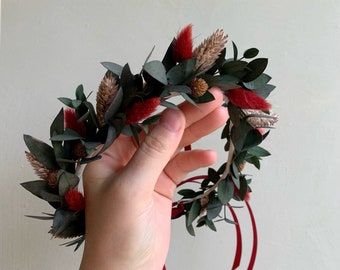 Dried flower headband, Red gold flower crown, Dried flower crown, Winter hairstyle, Bridal gold headpiece, Flower headband, Bridesmaid crown