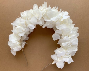 Bandeau de fleurs blanches, couronne de fleurs de mariée, couronne de fleurs séchées, bandeau de mariage, casque de fleur d'hortensia, coiffure de mariée, fille de fleur