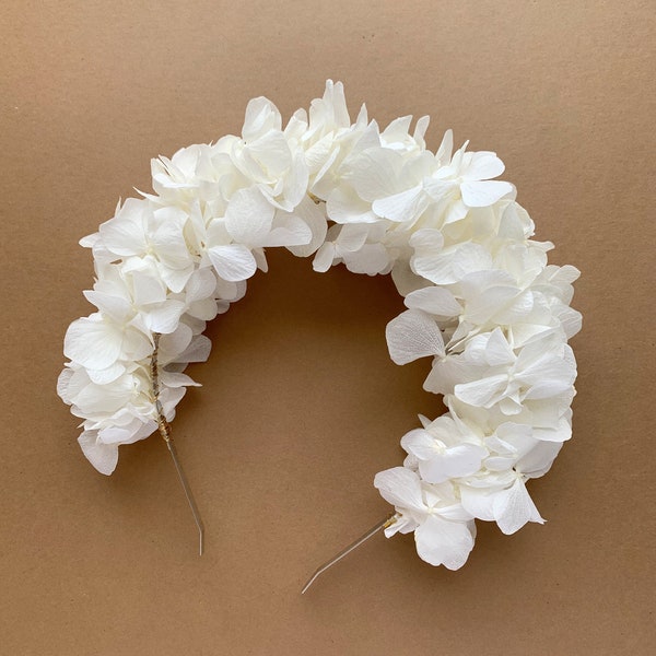 Diadema de flores blancas, corona de flores de novia, corona de flores secas, diadema de boda, tocado de flores de hortensia, peinado de novia, niña de las flores