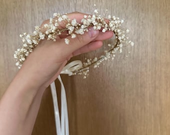 Gypsophila floral crown, Baby's breath flower crown, Beige baby girl headpiece, Newborn floral halo, Child toddler gypsophila hair wreath