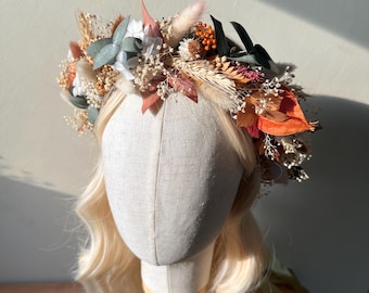 Dried flower crown, Terracotta eucalyptus floral hair wreath, Bohemian lush headpiece, Rust eco flower
