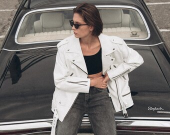 Leather jacket, long leather jacket, motorcycle jacket, rocker jacket, women leather jacket, White jacket, leather jacket, Leather jacket 72