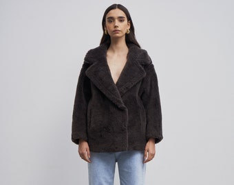 Short winter coat, Dark grey teddy coat,  Short teddy coat, Short grey wool coat, Winter wool coat, Winter coat, Women coat sale, Teddy Coat