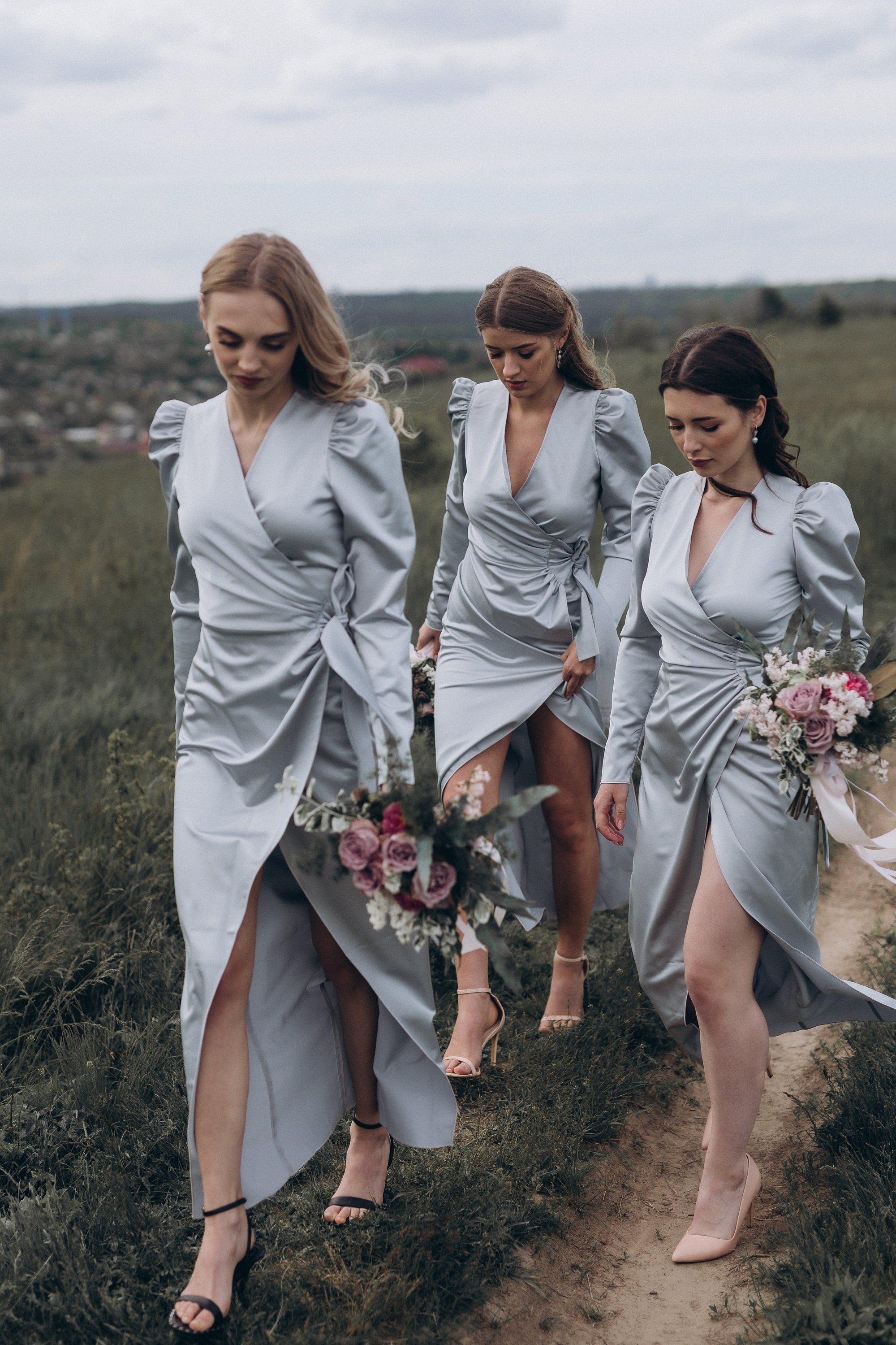 Long Blue Gray Bridesmaid Dresses main image 0