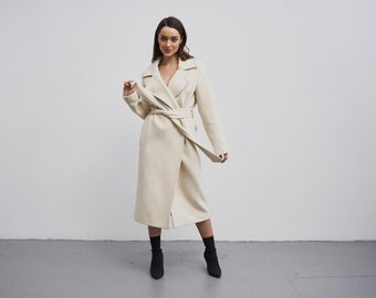 Belted wrap coat, White coat women, White long coat, Сoat with belt, White wool coat, Straight coat, Belted wool coat, 255 Ivory coat