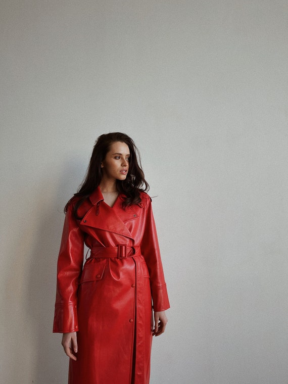 Red Trench Coat Long Trench Coat Leather Trench Coat Long -  Israel