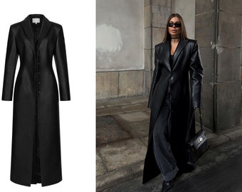 Long leather coat, Black leather coat, black leather trench coat,  faux leather trench coat, long leather trench coat, womens leather coat