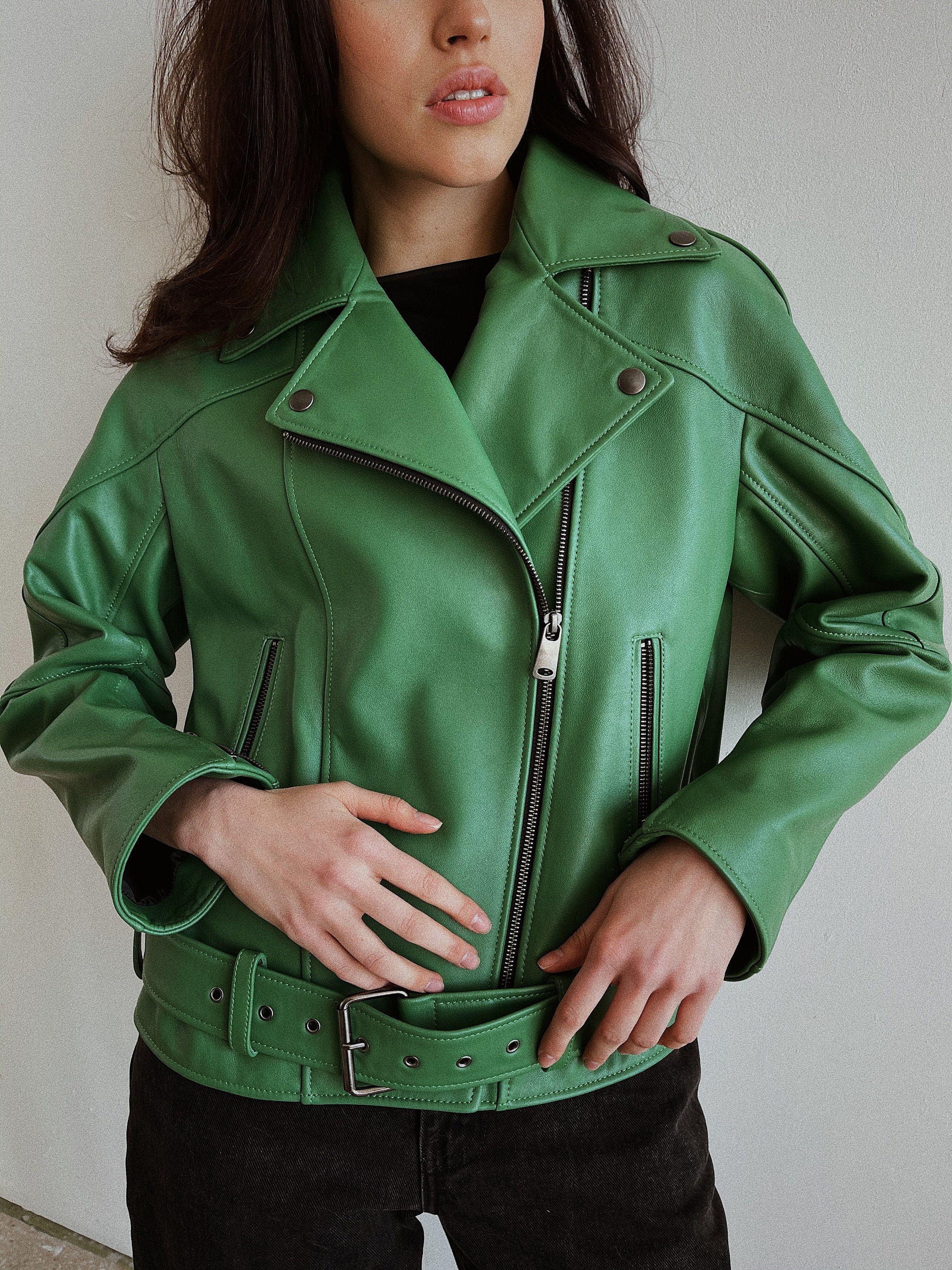 Green Leather Jacket Womens Leather Riding Jacket Motorcycle Etsy