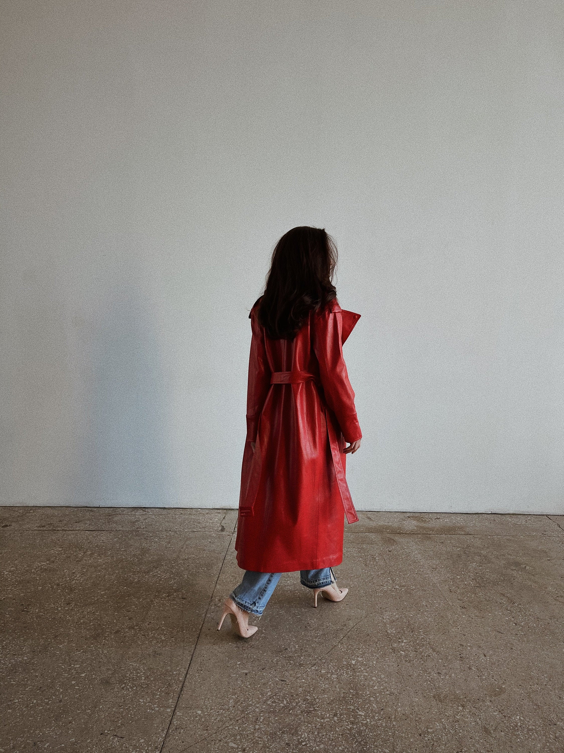 Red Trench Coat Leather Trench Long 