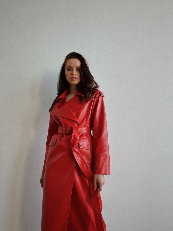 Red Trench Coat Long Trench Coat Leather Trench Coat Long -  Israel