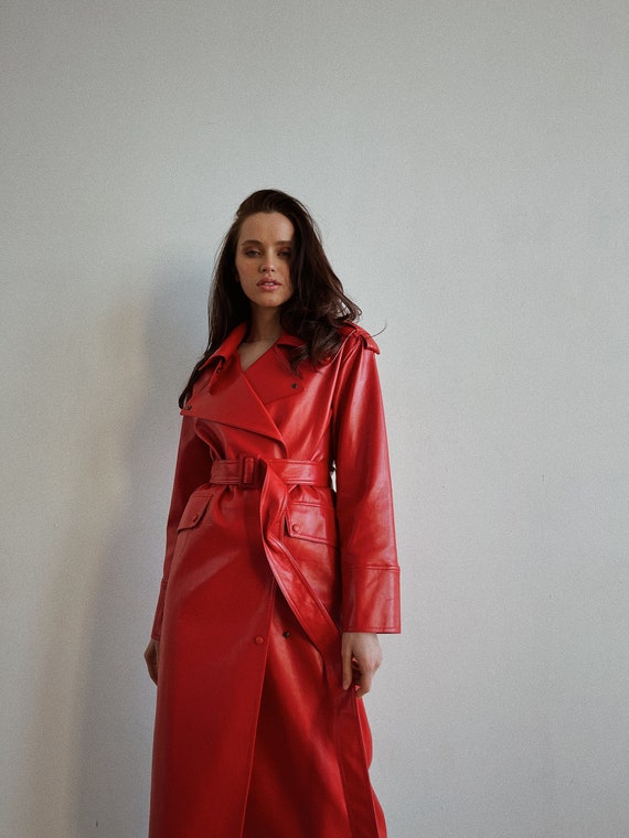 red leather trench