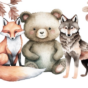 Aquarelle Animaux des bois Clipart - Mignon ours en peluche PNG, Renard des forêts, Clipart de loup, Animaux de la forêt, Décoration pour enfants, Clipart de pépinière