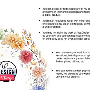 May include: A watercolor illustration of flowers with a white background. The text "Alex DESIGN Story" is in a circle with a red, white, and blue background. The text below the image lists the terms of use for the artwork.