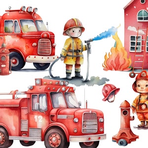 Fireman Clipart - Watercolor Firefighter Clipart, Firetruck Birthday, Extinguisher, Hydrant, Nursery Graphics, Fire Department, Boy Clipart