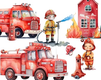 Fireman Clipart - Watercolor Firefighter Clipart, Firetruck Birthday, Extinguisher, Hydrant, Nursery Graphics, Fire Department, Boy Clipart