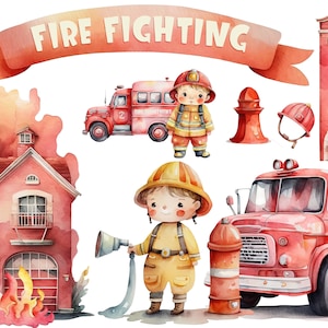 Firefighter Watercolor Clipart - Fireman Clipart, Firetruck Birthday, Fire Tower, Hydrant, Nursery Graphics, Fire Department, Boy Clipart
